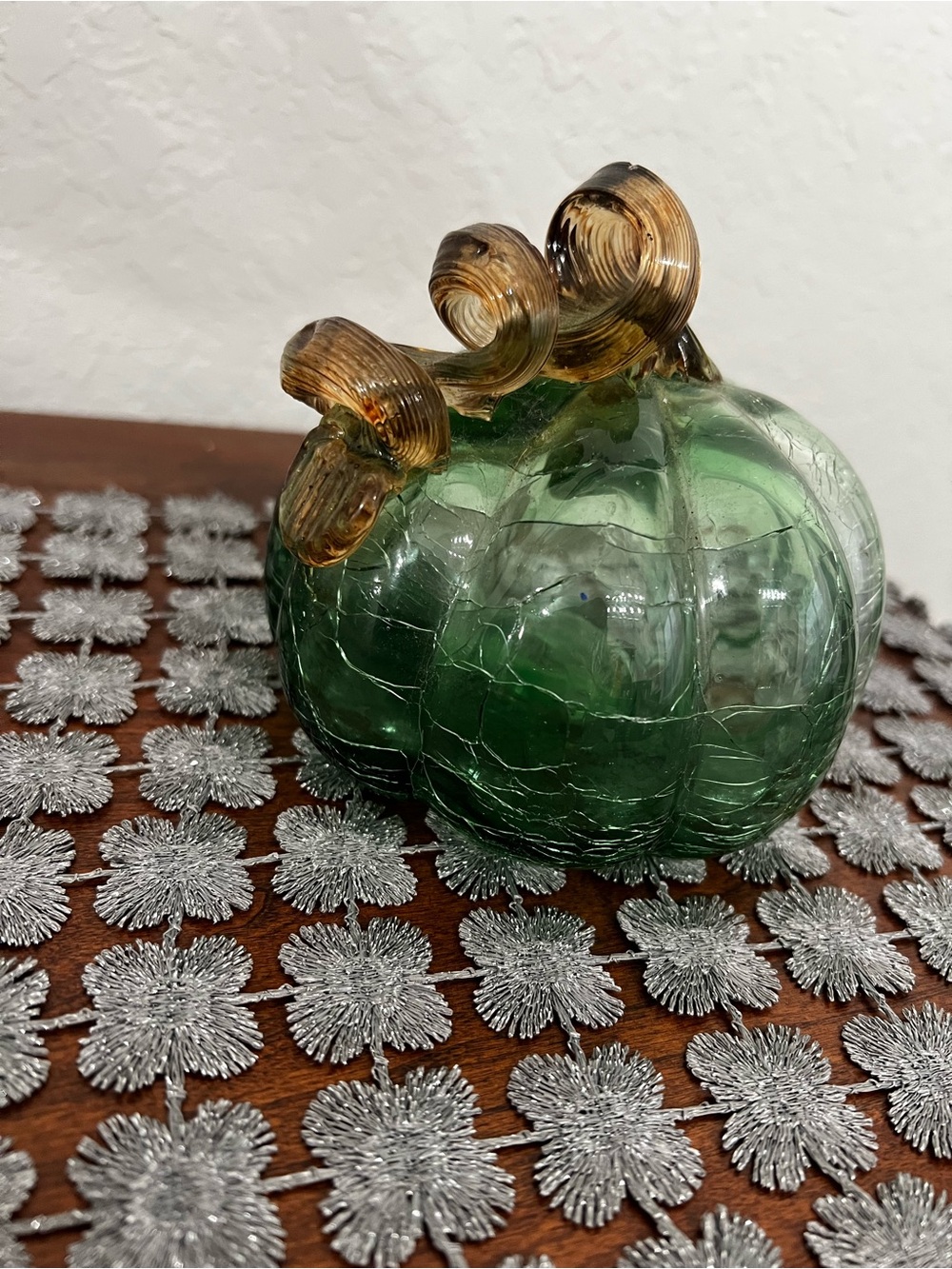 Handblown Green Glass Pumpkin with Amber Stem